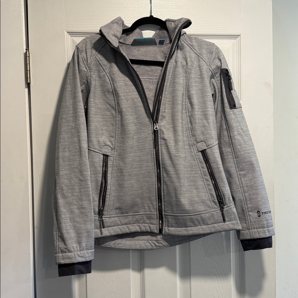 Free Country Jacket Womens Small Gray Hooded Full Zip Outdoor Fleece Lined Coat